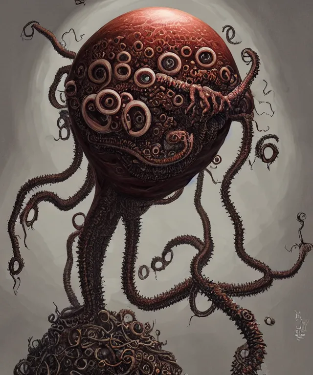 Image similar to hziulquoigmnzhah, head dangling underneath body!!!!, spherical body, elongated arms, short legs, lovecraftian horror!, surrealism, fantasy, intricate, elegant, highly detailed, digital painting, artstation, concept art, matte, sharp focus, illustration, art by keith thompson and christopher lane