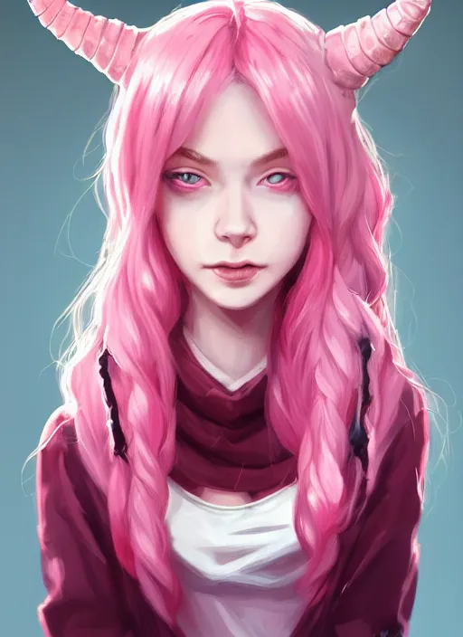 Prompt: a highly detailed illustration of cute smug pink haired pale girl with horns wearing oversized pink hoodie, dramatic smirk pose, intricate, elegant, highly detailed, centered, digital painting, artstation, concept art, smooth, sharp focus, league of legends concept art, wlop.