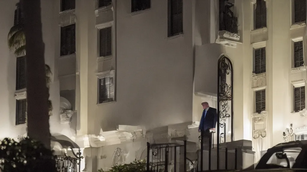 Image similar to President Trump seeing his Mar-El-Lago apartment being raided by the FBI in the middle of the night, atmospheric promotional shot for a HBO TV Series