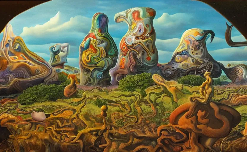 Image similar to strange surrealist landscape with very small strange figures in the distance with large looming biomorphic figures looming inthe foreground, painted by dali and todd schorr and rachel ruysch, timeless disturbing masterpiece