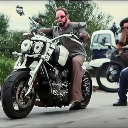 Image similar to Mark Zuckerbeg plays Terminator, rides a Harley motorobike, action scene