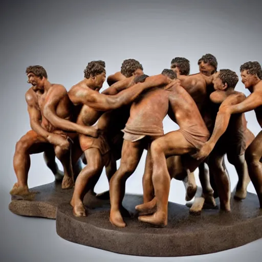 Prompt: handsome rugby players in a scrum, marble sculpture