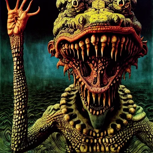 Image similar to the crocodile man by otto dix, junji ito, hr ginger, jan svankmeyer, beksinski, claymation, hyperrealistic, aesthetic, masterpiece