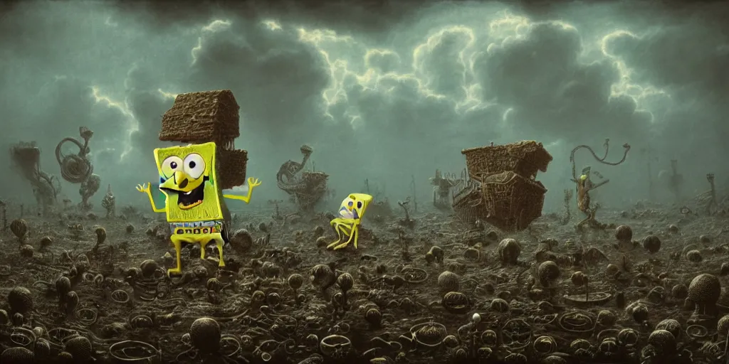 Prompt: spongebob drawn by beksinski, realistic 4 k octane beautifully detailed render, 4 k post - processing, highly detailed, intricate complexity, epic composition, magical atmosphere, cinematic lighting, masterpiece, ultra hd