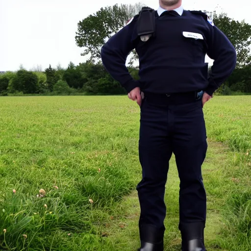 Image similar to clean - shaven chubby 3 4 year old caucasian man from uk wearing navy police sweater and necktie and black boots and police helmet. he is standing in a field.