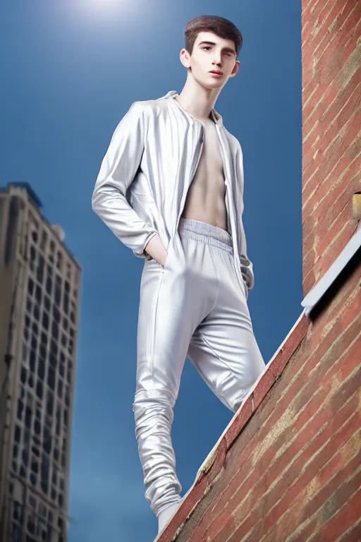 Image similar to un ultra high definition studio quality photographic art portrait of a young man standing on the rooftop of a british apartment building wearing soft padded silver pearlescent clothing. three point light. extremely detailed. golden ratio, ray tracing, volumetric light, shallow depth of field. set dressed.