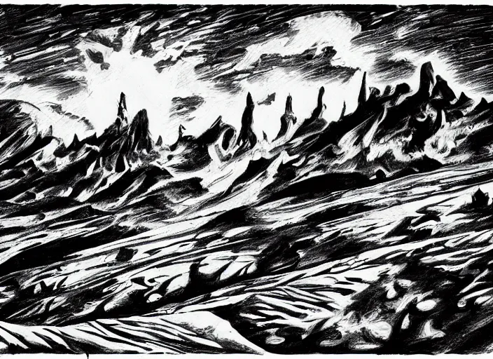 Prompt: deep rock galactic as a black and white etching