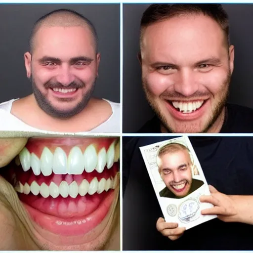 Prompt: photo of man with world record for most teeth in mouth, man with lots of extra teeth, too many teeth