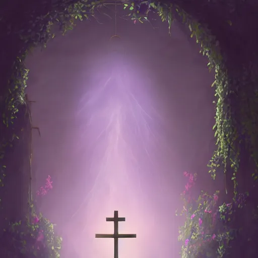 Image similar to a christian cross as the light at the end of the tunnel, with pale purple and pale pink lighting, with a few vines and overgrowth, studio ghibli, cinematic, realistic painting, high definition, digital art, symmetrical, very detailed, extremely high detail, photo realistic, concept art, unreal engine 5,