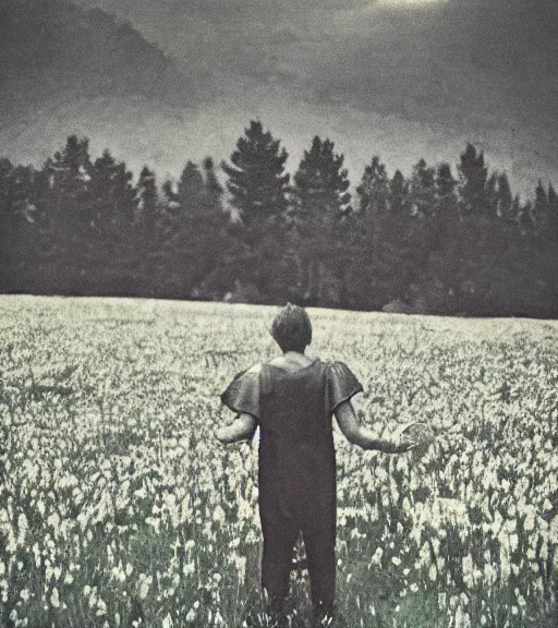 Image similar to mystical death god standing in tall meadow of flowers, distant, vintage film photo, grainy, high detail, high resolution