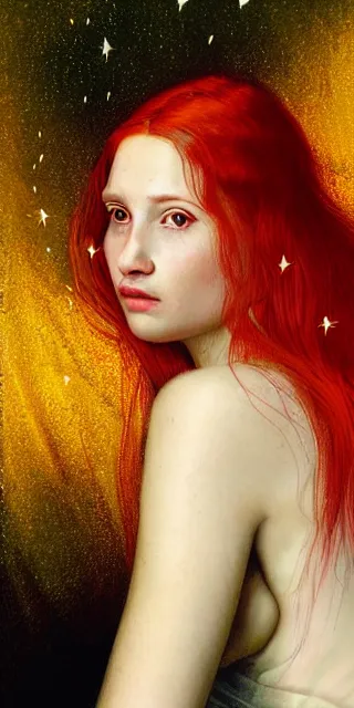 Image similar to an amazed young woman looking at golden firefly lights in a mesmerizing scene, sitting amidst nature fully covered, intricate detailed dress, long loose red hair, precise linework, accurate green eyes, small nose with freckles, smooth oval head, empathic, expressive emotions, hyper realistic ultrafine portrait by artemisia gentileschi, jessica rossier, artgerm