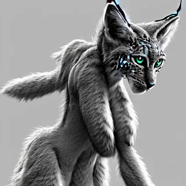 Image similar to the full body of anthropomorphic lynx fursona from behind wearing a steampunk suit as unimaginably beautiful, gorgeous, elegant, young woman with lynx head, an ultrafine hyperdetailed illustration by furaffinity, intricate linework, white fur, unreal engine 5 highly rendered, global illumination, radiant light, detailed and intricate environment