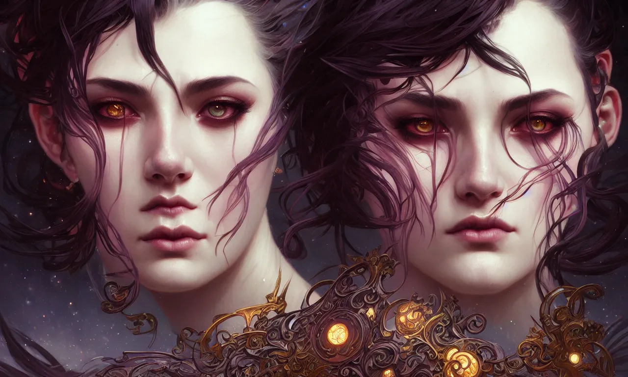 Image similar to portrait of chaos goddess closeup filled background around face, fantasy magic, undercut hairstyle, dark light night, intricate, elegant, sharp focus, illustration, highly detailed, digital painting, concept art, matte, art by wlop and artgerm and greg rutkowski and alphonse mucha, masterpiece