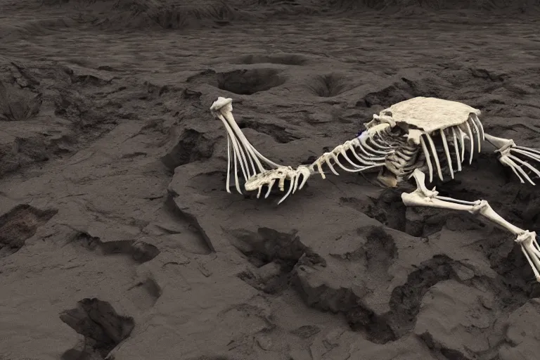 Prompt: Fossilized armored goddess skeleton being excavated from the ground. 8k