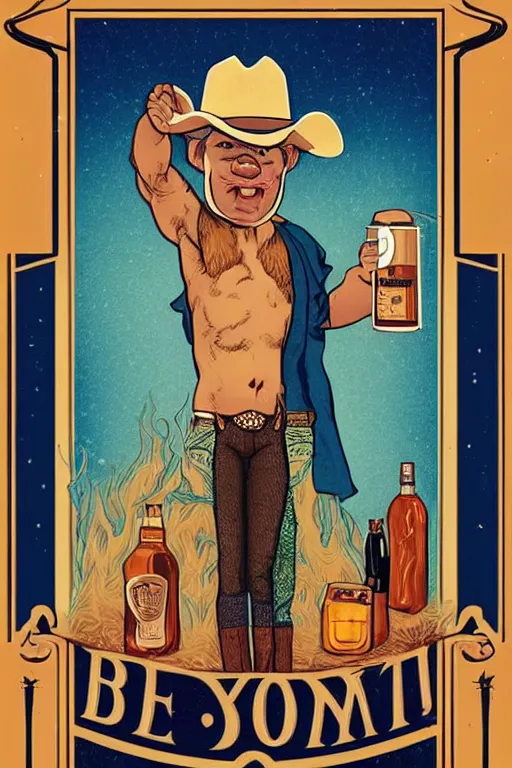 Prompt: a beautiful symmetrical tarot card of a handsome goofy half-naked cowboy with a dadbod holding a can of beans and a bottle of whisky wearing a cowboy hat and boots standing in front of a campfire, homoerotic!!, art deco, art nouveau! trending on artstation