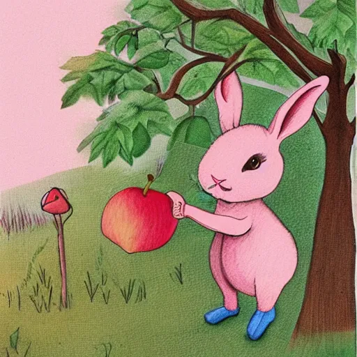 Prompt: little rabbit working in the garden, gathering apples from the tree, illustration by charlet addams