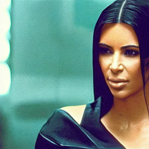 Image similar to movie still of kim kardashian starring as trinity in the matrix 1 9 9 9 movie