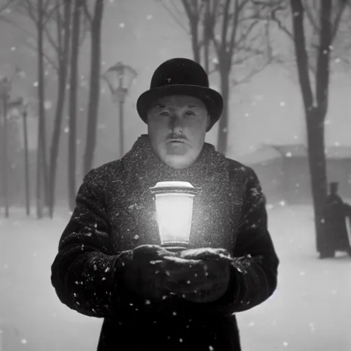 Prompt: a man holds a lantern, snowstorm, cold, vintage photo