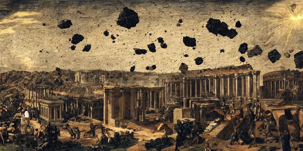 Image similar to meteorites falling from the sky on ancient rome