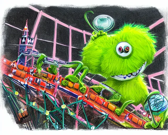 Image similar to tennis ball monsters, theme park, roller coaster, digital art, fantasy, magic, chalk, chalked, trending on artstation, ultra detailed, detailed, fine details, professional illustration by basil gogos