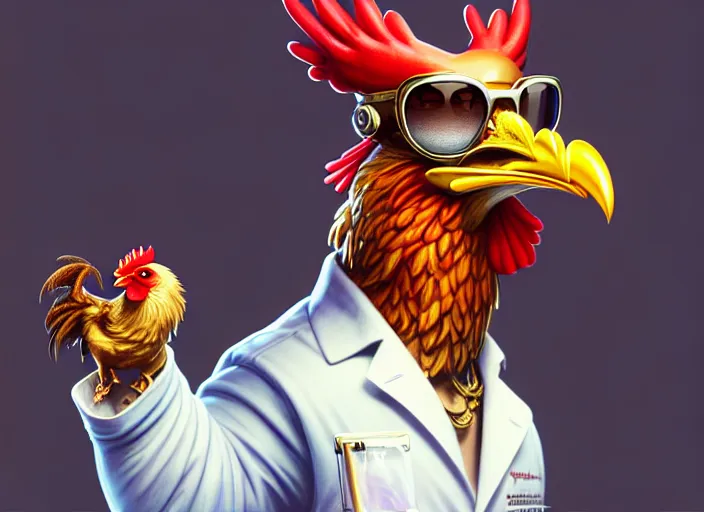 Prompt: a cool anthropomorphic chicken wearing sunglasses wearing a lab coat, diffuse lighting, fantasy, intricate, elegant, highly detailed, lifelike, pastel, digital painting, artstation, illustration, concept art, smooth, sharp focus, art by frank frazetta and marco bucci and loish and rossdraws and artgerm and alphonse mucha