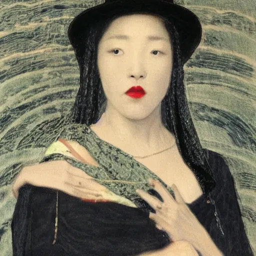 Image similar to Woman holding another woman, arm around her neck, she is Korean, the other black, both have red lips, wearing a veil, Pre-Raphaelite style