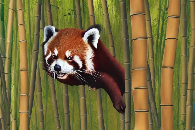 Prompt: red panda sleeping in a bamboo forrest, cinematic, photoreal, digital painting, 8k resolution, beautiful