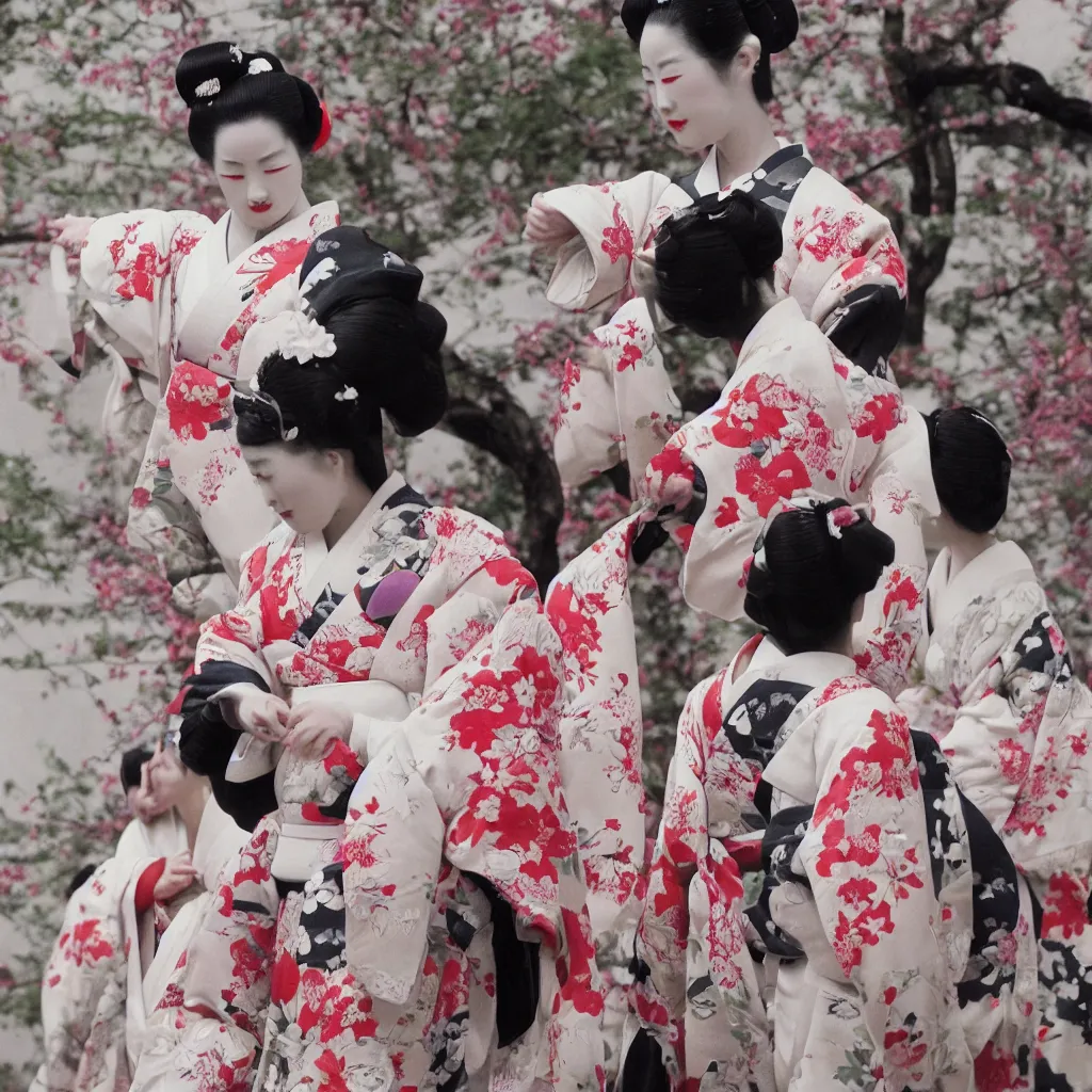 Image similar to Photo of geisha wearing kimono and playing basketball