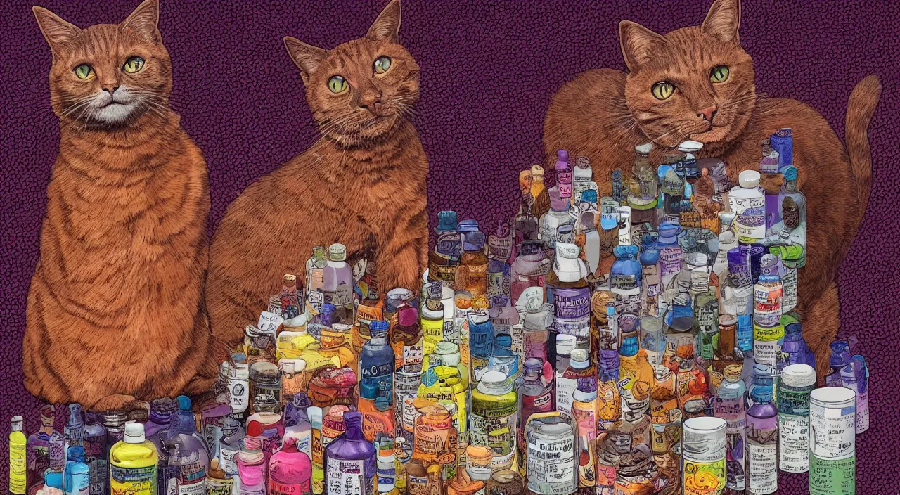 Image similar to A cat is smiling, next to the cat there are several bottles of vitamin and cat medicines of different sizes , on the bottles of vitamins and cat medicine, a highly detailed illustration by Dan Mumford and Wayne Barlowe, artstation,