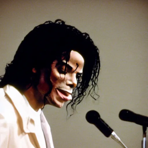 Image similar to cinematic still of Michael Jackson preaching at a Baptist Church in Atlanta in 1989, close up, shallow depth of field, cinematic