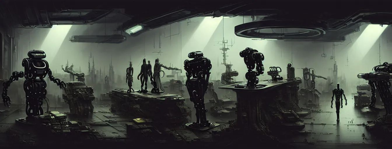 Prompt: robot repair workshop, blade runner artifacts, vitaly bulgarov style, cyberpunk tech, ultrarealistic, futuristic, three point lighting, dramatic lighting, electrical details, high details, 4 k, 8 k, best, accurate, trending on artstation, photorealism, digital painting, style of peter mohrbacher, caravaggio, boris vallejo, hajime sorayama