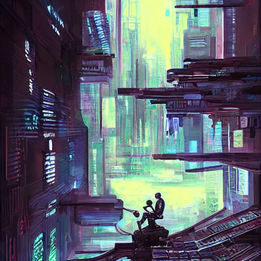 Image similar to a very beautiful and very detailed painting of a robot artist painting on a canvas, cyberpunk digital art, dystopian style