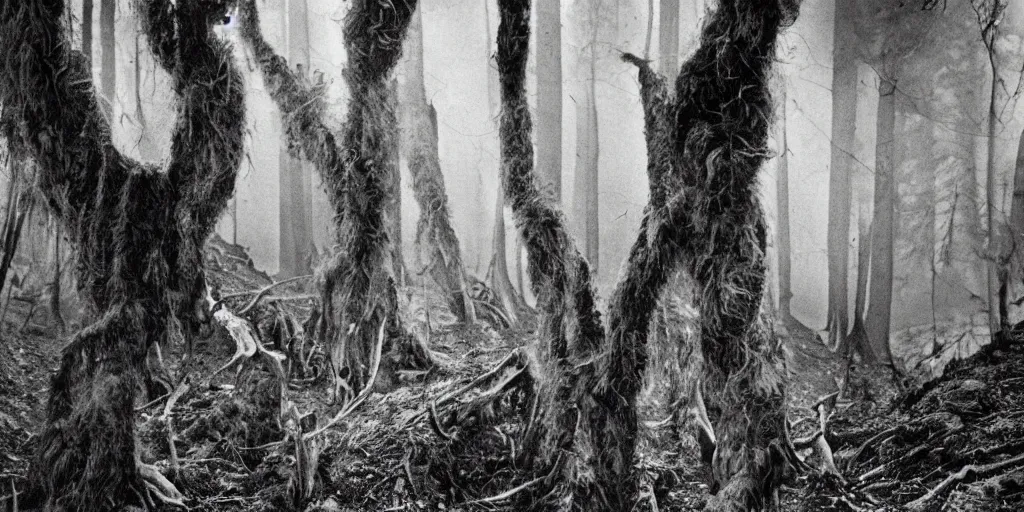 Image similar to 1 9 2 0 s photography of occult humanlike root creatures creeping and lurking in dark forest in the dolomites