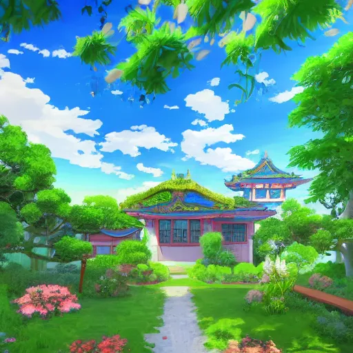 Image similar to a house with a beautiful garden and a blue sky with clouds in anime style, in the style of Lampbo Chun on ArtStation and Son Rice on ArtStation, 4k,