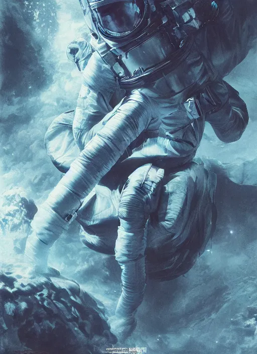 Image similar to astronaut in dark void underwater - complex and hyperdetailed technical suit design. reflection and dispersion materials. rays and dispersion of light. volumetric light. f / 3 2. noise film photo. flash photography. ultra realistic, 5 0 mm. poster by wayne barlowe, hajime sorayama aaron horkey, craig mullins