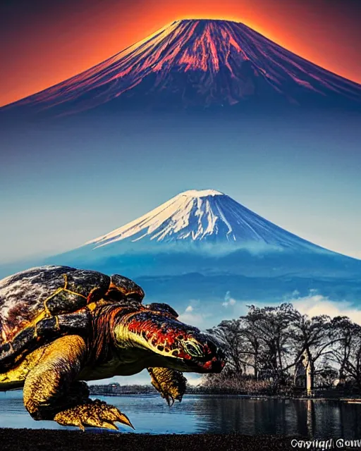 Image similar to photos of Gamera, the giant Turtle kaiju monster with an erupting Mount Fuji in the background, shot in the style of National Geographic, atmospheric, Japan, hyperreal