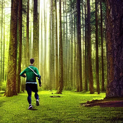 Image similar to Very highly detailed a guy in acid-green athletic sneakers runs through a forest with tall trees, a photo from the back in perspective, Rendered by Octane Render, art by Dan Mumford