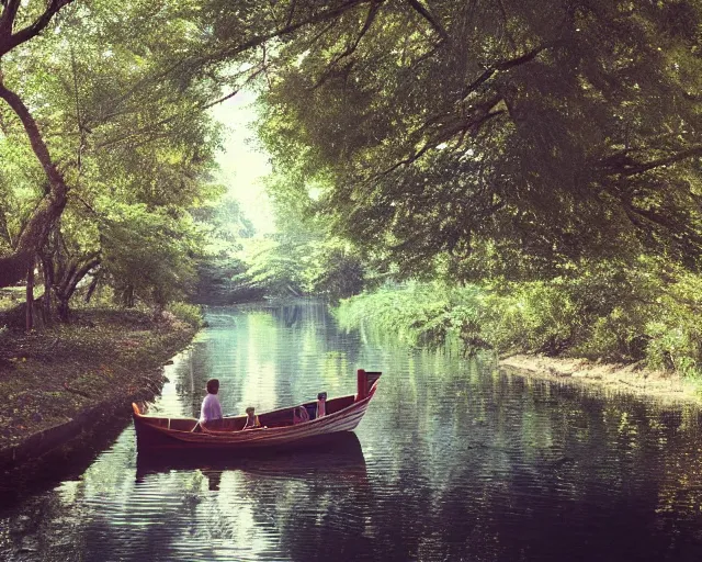 Image similar to one single short small wooden boat in a very narrow narrow river river, trees, shady, ripples, reflections. A boy and a girl are sitting together in the boat. Romantic. Girl has long flowing auburn hair, boy has short hair. By Makoto Shinkai, Stanley Artgerm Lau, WLOP, Rossdraws, James Jean, Andrei Riabovitchev, Marc Simonetti, krenz cushart, Sakimichan, trending on ArtStation, digital art.