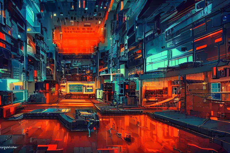 Prompt: orange government building, cyberpunk city, studio gainax art, intricate electronics, moody lighting