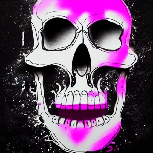 Image similar to a 3 d wireframe pink cartoon skull spray painted on a black background with dripping pink spray paint, three fourths view, graffiti, black background!!!!!, outline