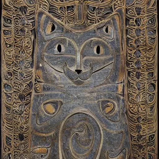 Image similar to kashmire motif of cats dissolving, made of wood