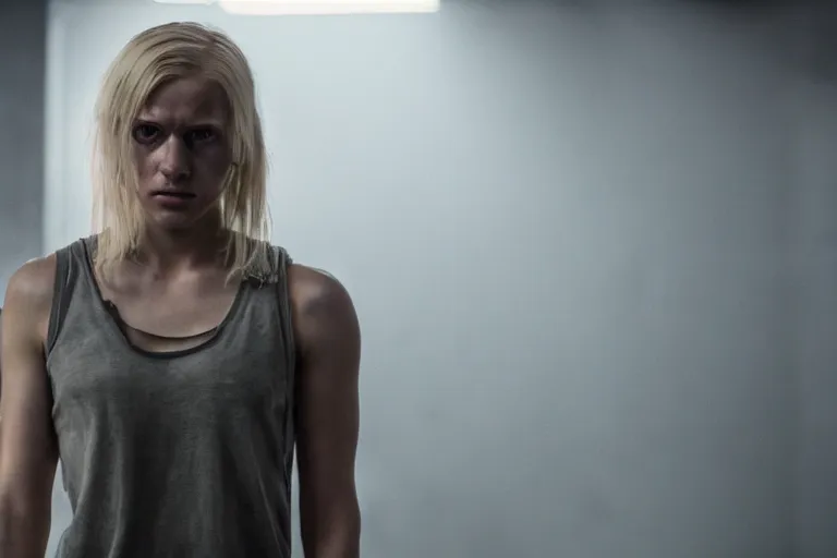 Prompt: still from a dystopian sci - fi movie, a young blond woman wearing a dirty tank top, exploring a dark dystopian lab, muted colors, very dark, medical equipment, 8 k, cinematic, dramatic lighting, very detailed face, hyperrealistic, movie still frame, promotional image, imax 7 0 mm footage