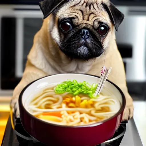 Image similar to An adorable pug sitting in a pot of ramen noodle soup atop a stove, high resolution photograph