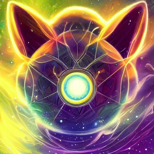 Image similar to geometric symmetrical jolteon with galaxy eyes in space, nebula in the background, intricate, elegant, highly detailed, digital painting, artstation, concept art, smooth, sharp focus, illustration, art by artgerm