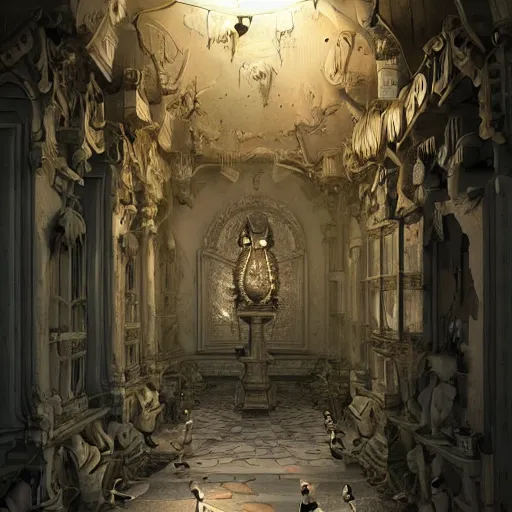 Image similar to this place is so bizarre yet amazing the walls seem to be moving and the sculptures look like nothing I’ve ever seen before lights are gleaming out of the small window it’s truly beautiful, trending on artstation,