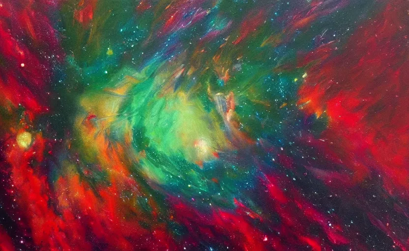 Image similar to an abstract oil painting of a beautiful space nebula, red and green; hyper-detailed; an extraordinary masterpiece!!!; flawless; trending on artstation