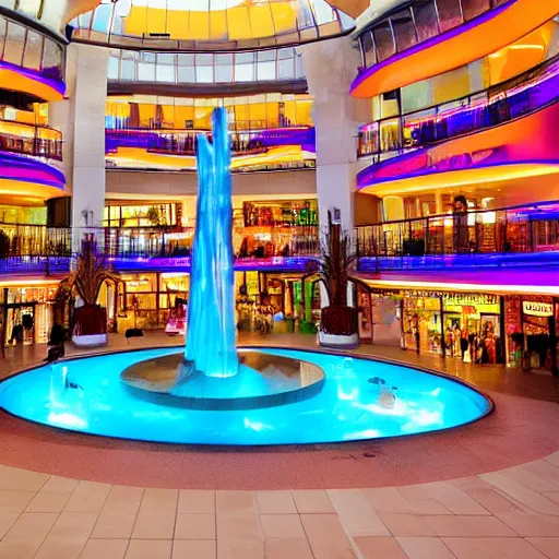 Image similar to A vast shopping mall interior with a large water feature, photo taken at night, neon pillars, large crowd