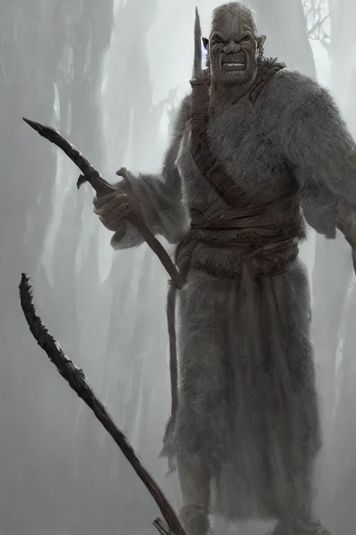 Prompt: a male orc druid, wearing a grey fur robe, holding a wooden staff in his right hand, Matte painting , detailed painting, greg rutkowski