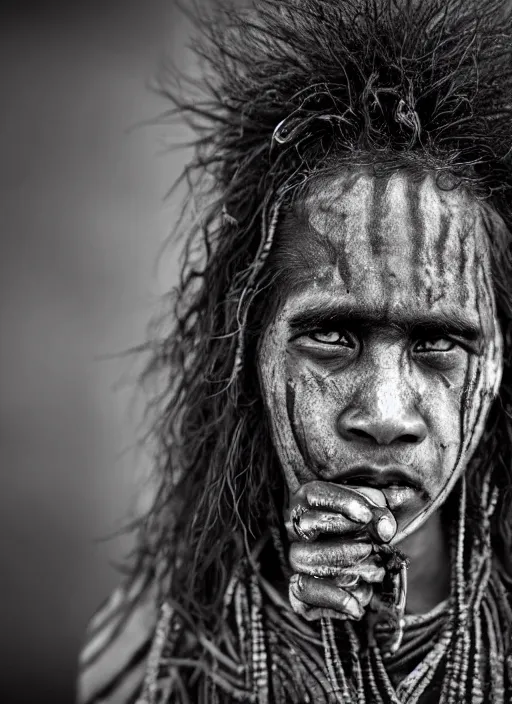 Image similar to Award winning Editorial photo of a Native Nauruans with incredible hair and beautiful hyper-detailed eyes wearing traditional garb by Lee Jeffries, 85mm ND 5, perfect lighting, gelatin silver process