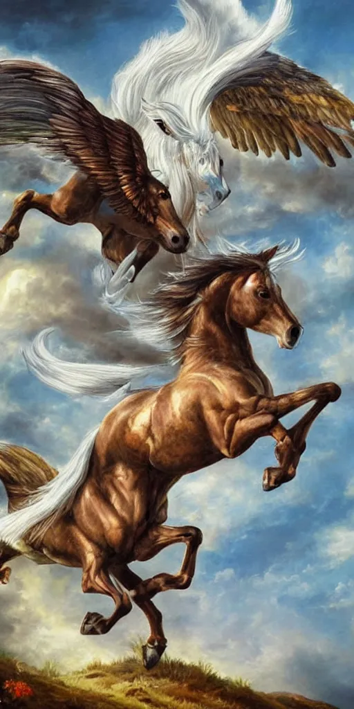 Prompt: a pegasus on a mountaintop, wings spreading, flowing mane, ultra-realistic fantasy oil painting